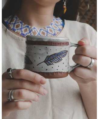 White Native American Shamanic Feathers Mug 200ml - Jira Ceramics